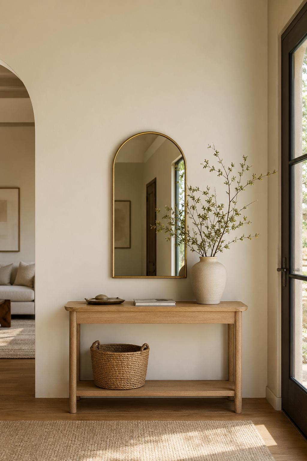 Warm modern entryway styled with a gold arched wall mirror above a narrow console table.