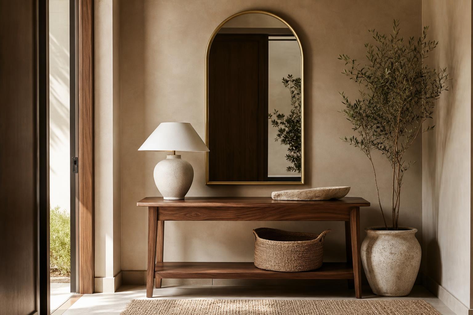 Illustrated entryway with an arched mirror above a console table.