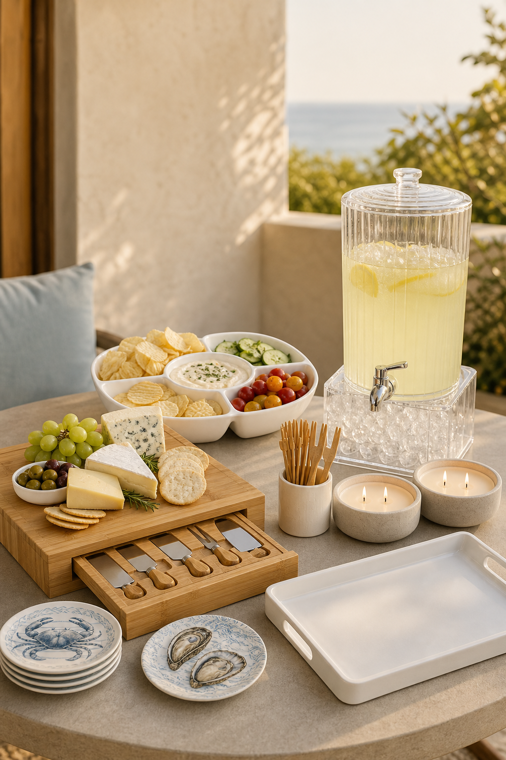 Outdoor appetizer and drink station with charcuterie board, beverage dispenser, serving trays and candles
