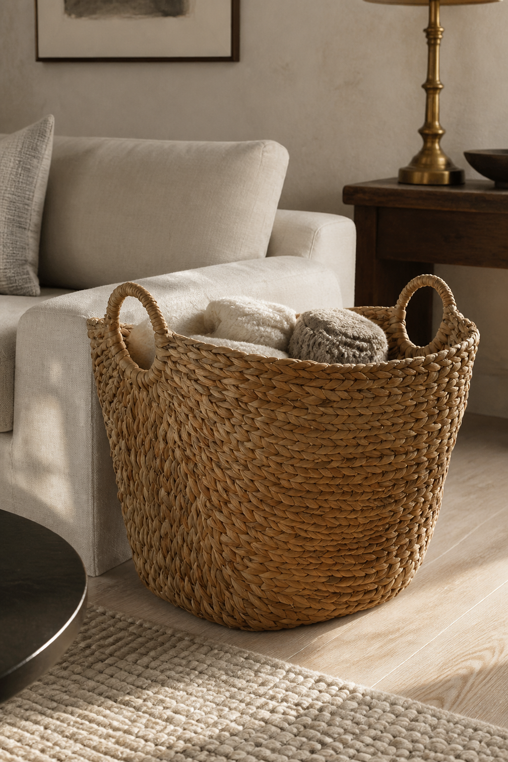 Deco 79 seagrass storage basket styled beside a neutral sofa