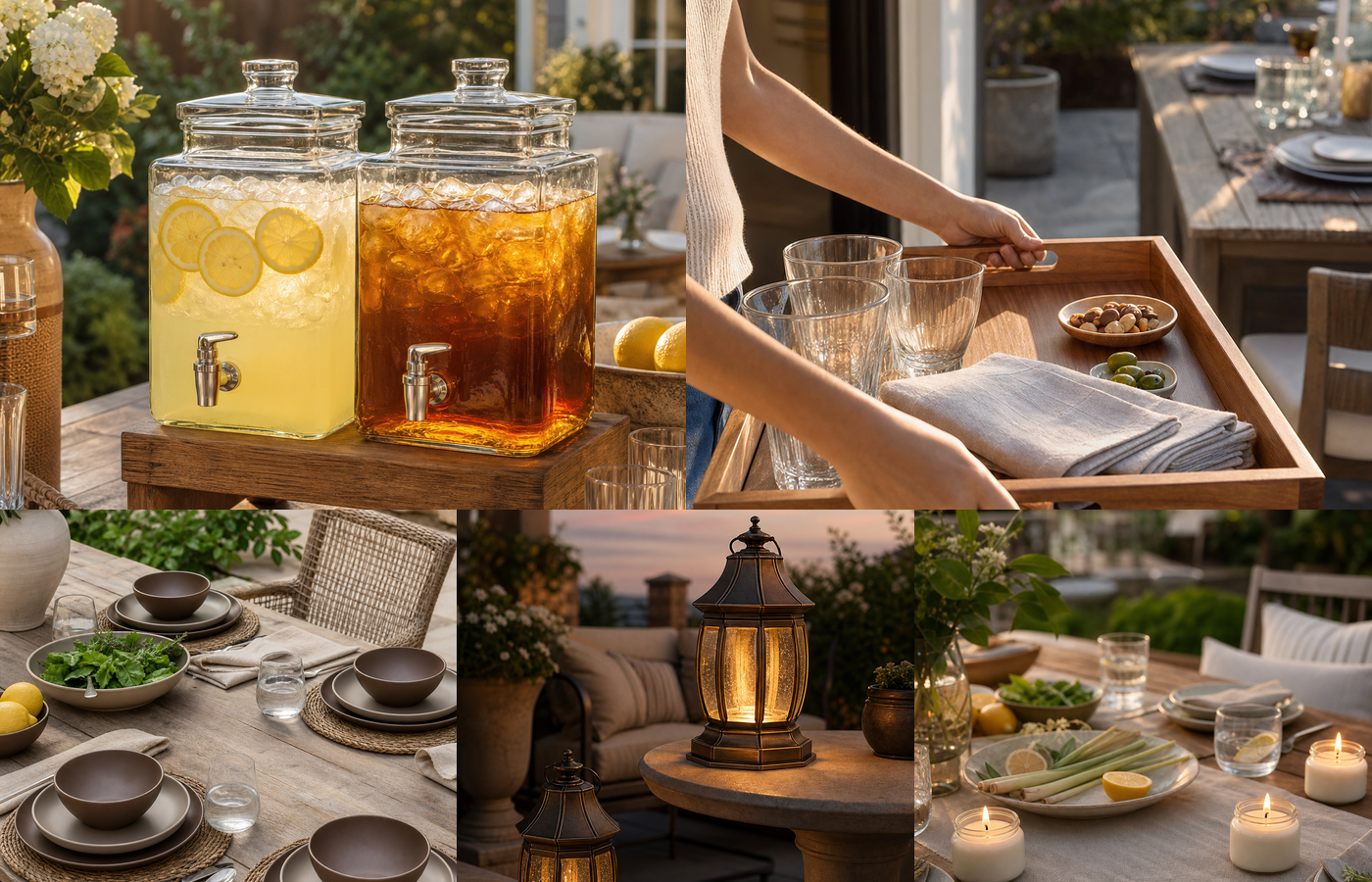 Backyard hosting product setup with drink dispensers, serving tray, melamine dinnerware, solar lanterns and citronella candles