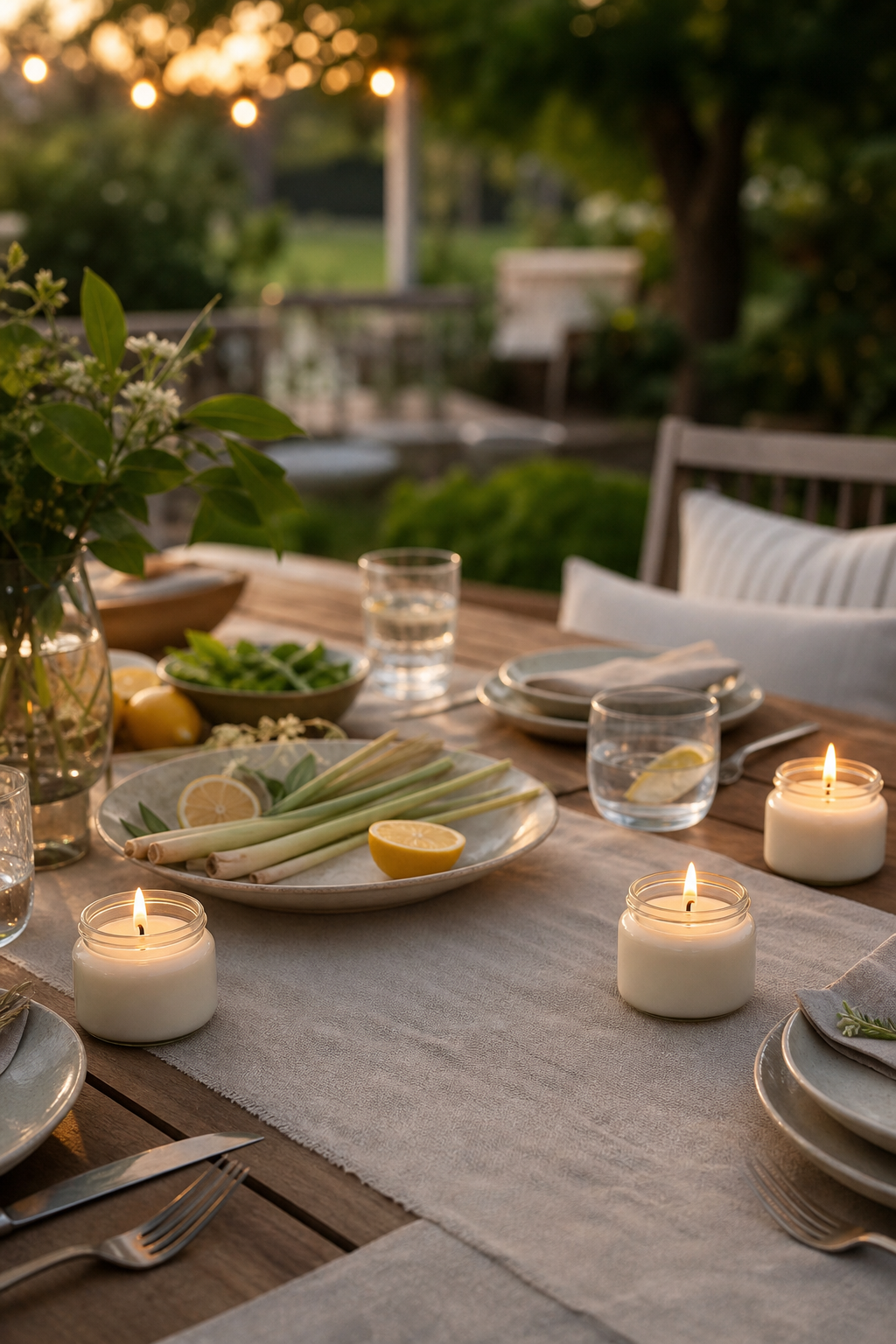 Bug control that does not ruin the table: Citronella Candles Outdoor 4-Pack, Total 36oz Citronella Candles for Outside Patio, Camping & Garden, Summer Gifts for Indoor Home Scented, 50-Hour Burn Time, 9 Ounce Each