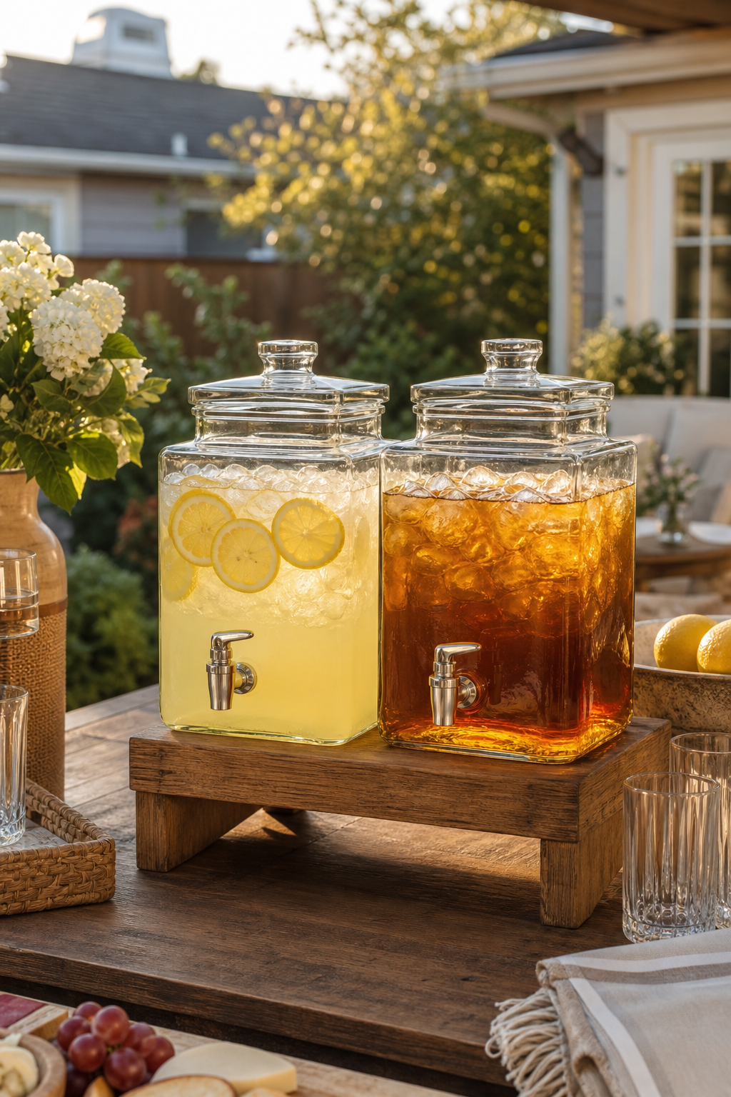 No-outdoor-kitchen drink station: 2 PCS 1.5 Gallon Drink dispenser, Glass Beverage Dispenser With Wood Stand, Large Water Drink Dispensers for Parties With Stainless Steel Spigot, Ideal for Lemonade,Juice, Tea, and Party Drinks