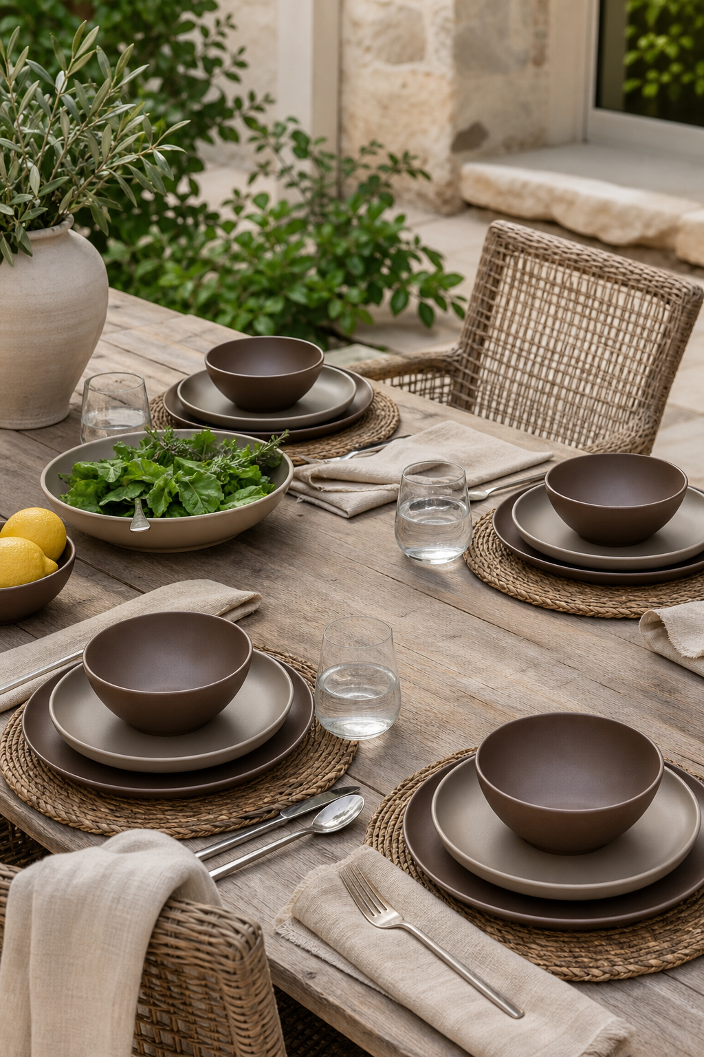 Outdoor dining that does not look disposable: Melamine Dinnerware Sets, Dinnerware Sets for 4, 12Pcs Plates And Bowls Sets, Lightweight and Unbreakable Dish Set for Camping, Picnic,RV, Dishwasher Safe,BPA Free（Brown）