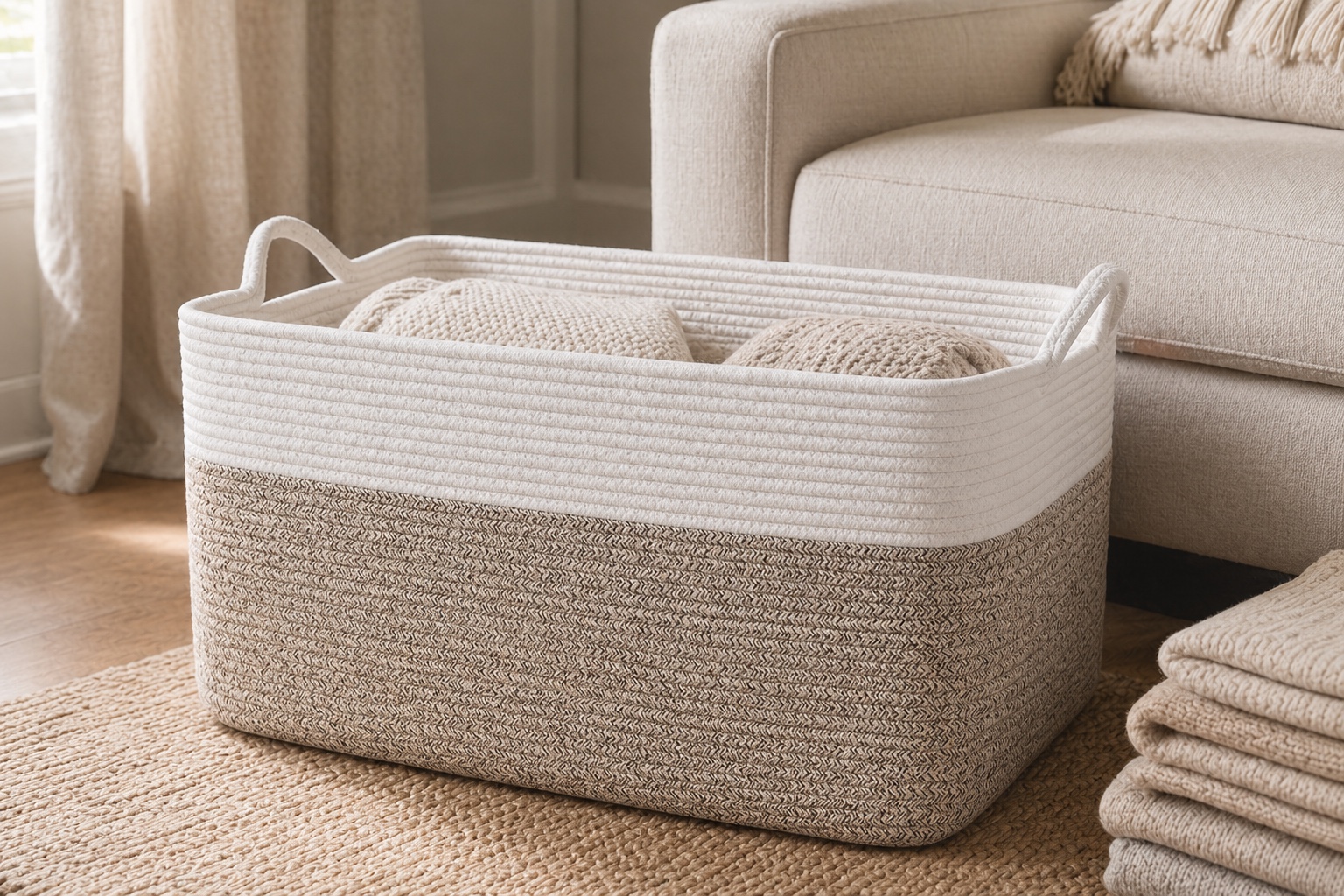 Large rectangular woven rope basket styled with blankets in a living room