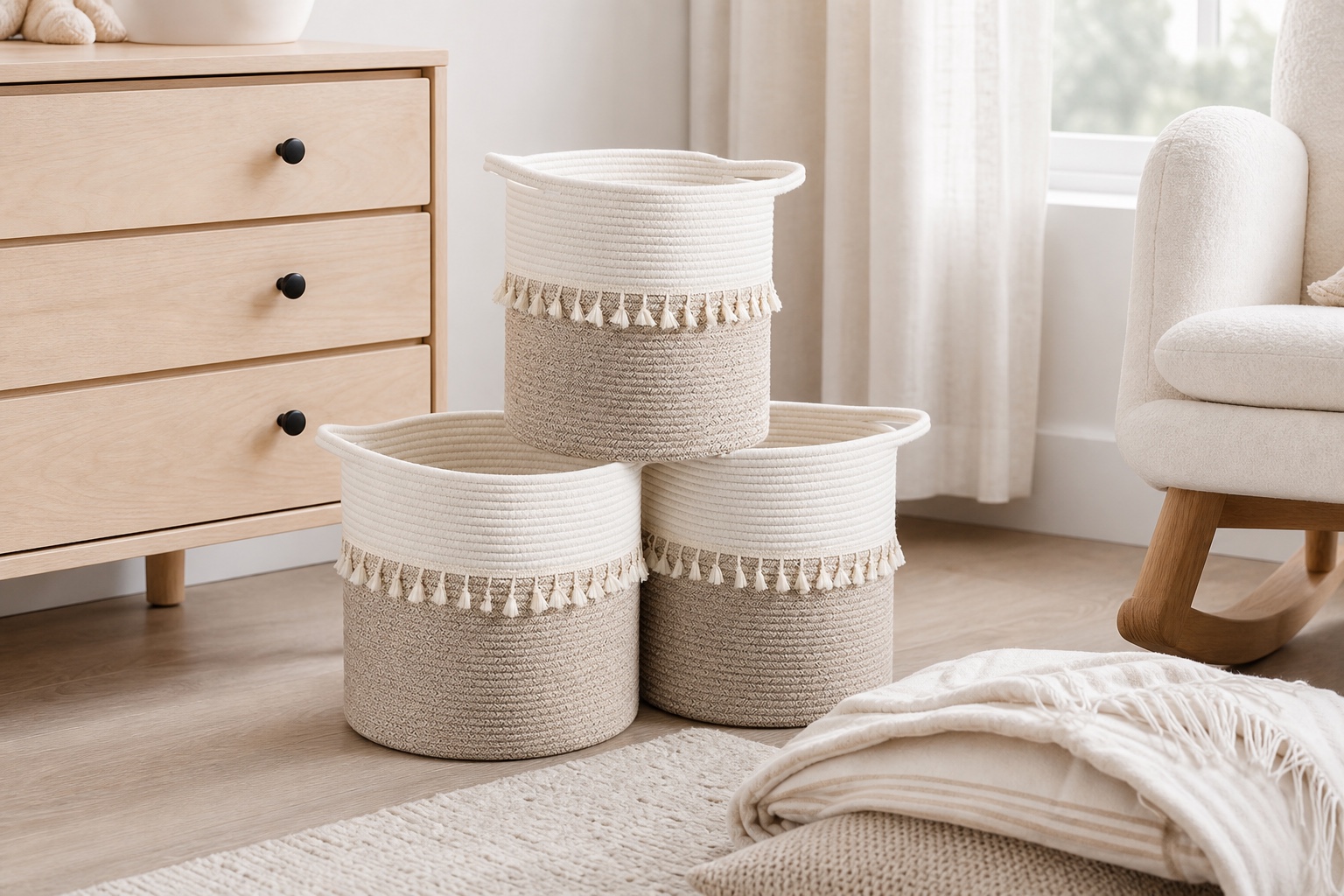 Soft round woven rope basket in a calm bedroom corner