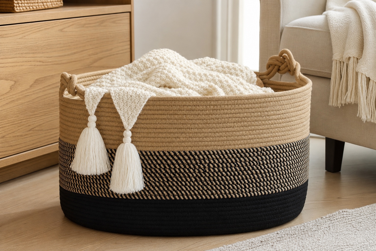 Tall woven rope hamper basket holding folded towels near a wardrobe