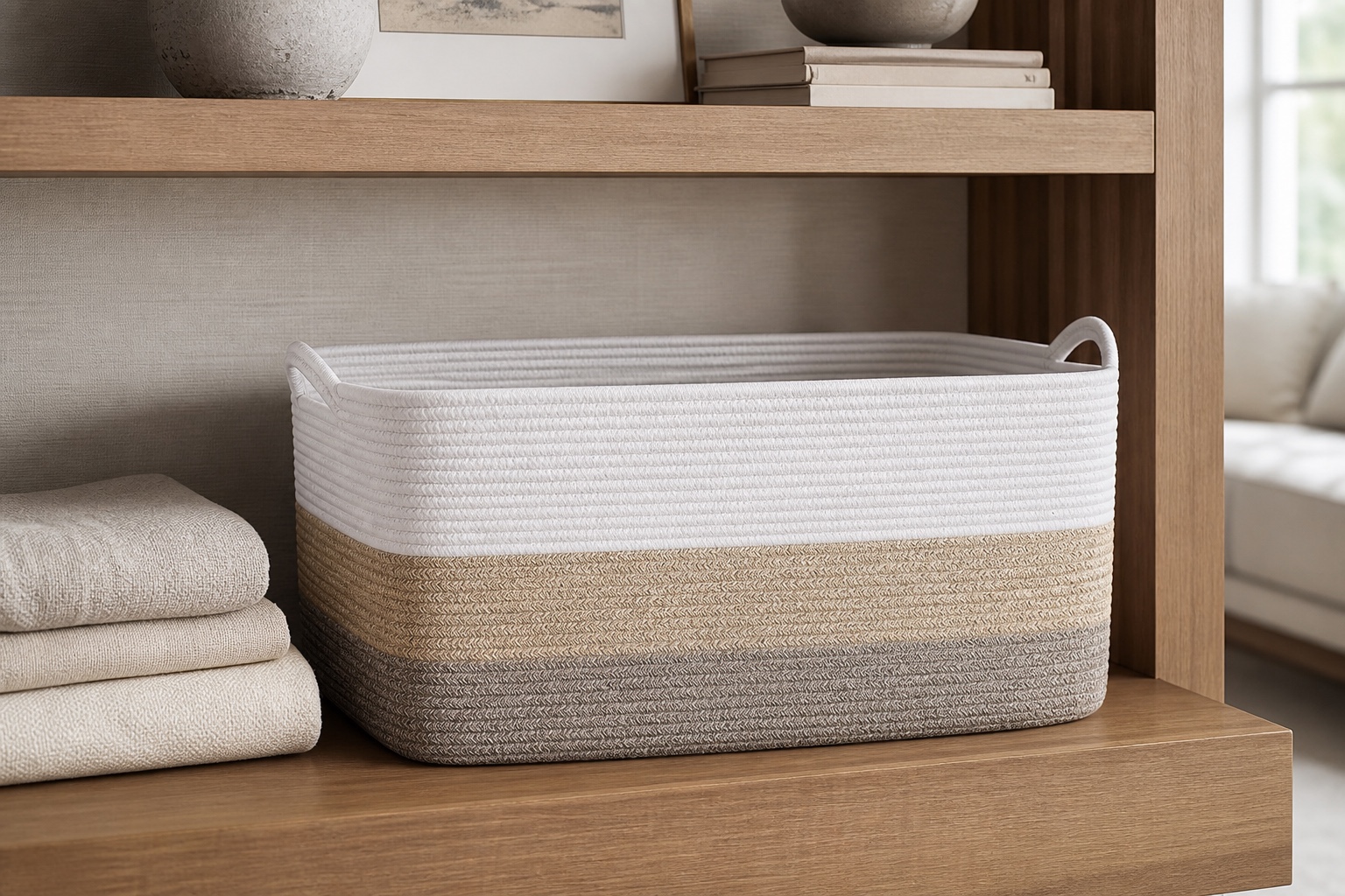 Low rectangular woven storage basket on open wooden shelves