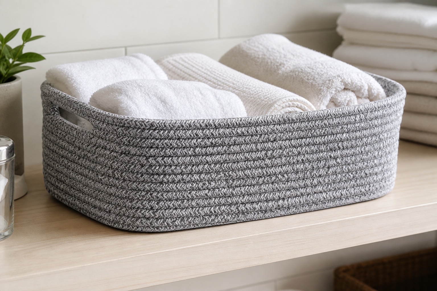 Cube-shaped woven rope organiser basket holding rolled towels in a closet shelf