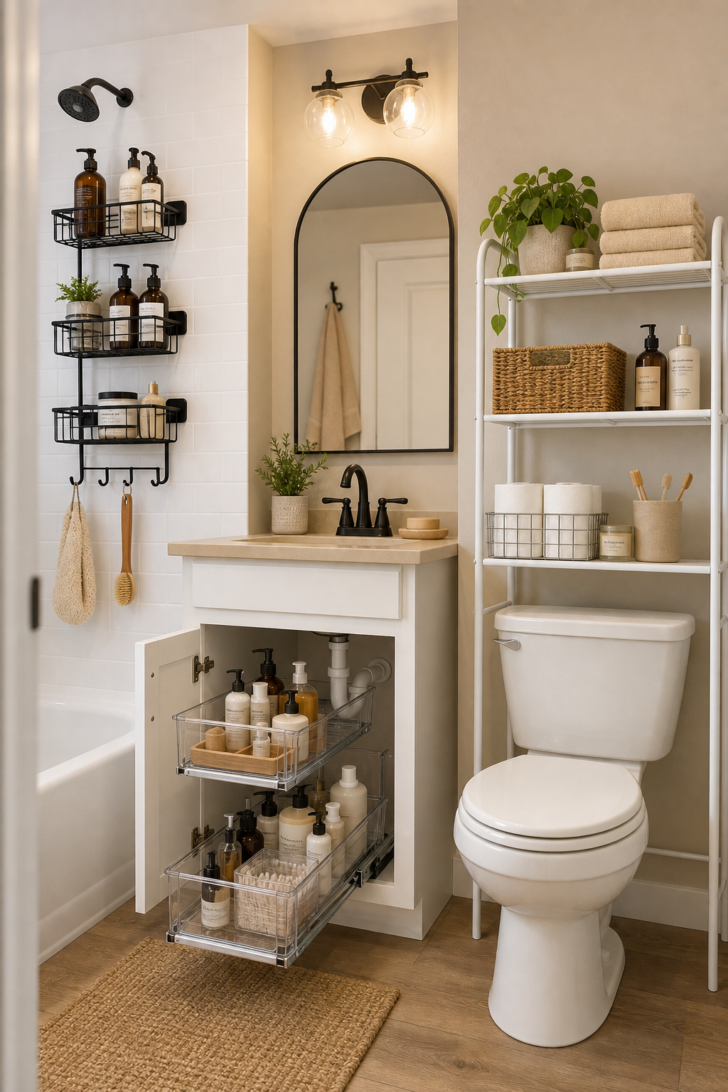 Product-matched bathroom storage examples: black adhesive shower caddy shelves, clear two-tier under-sink pull-out organizers, and a slim over-toilet storage rack