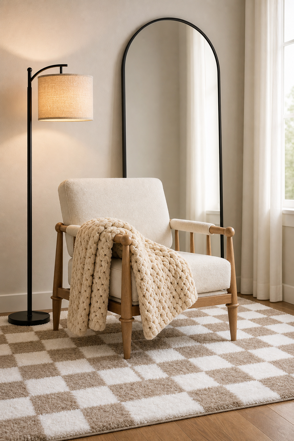 Warm neutral room corner with boucle chair floor lamp arched mirror cream throw and checkered rug