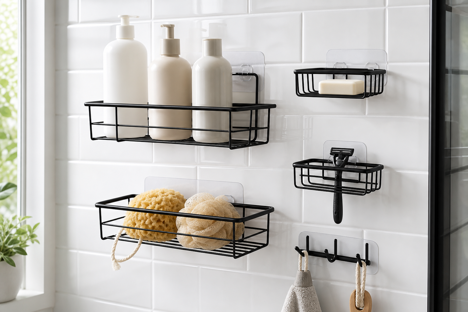 EUDELE adhesive shower caddy 5 pack mounted on white shower tile with toiletries