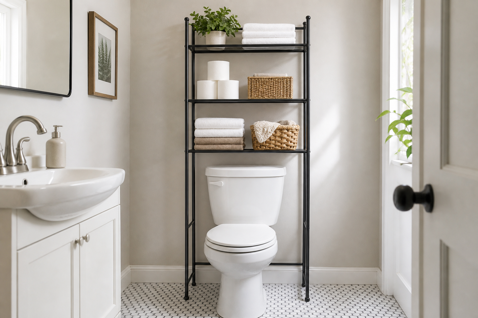 GloTika black three tier over toilet storage rack in a small bathroom