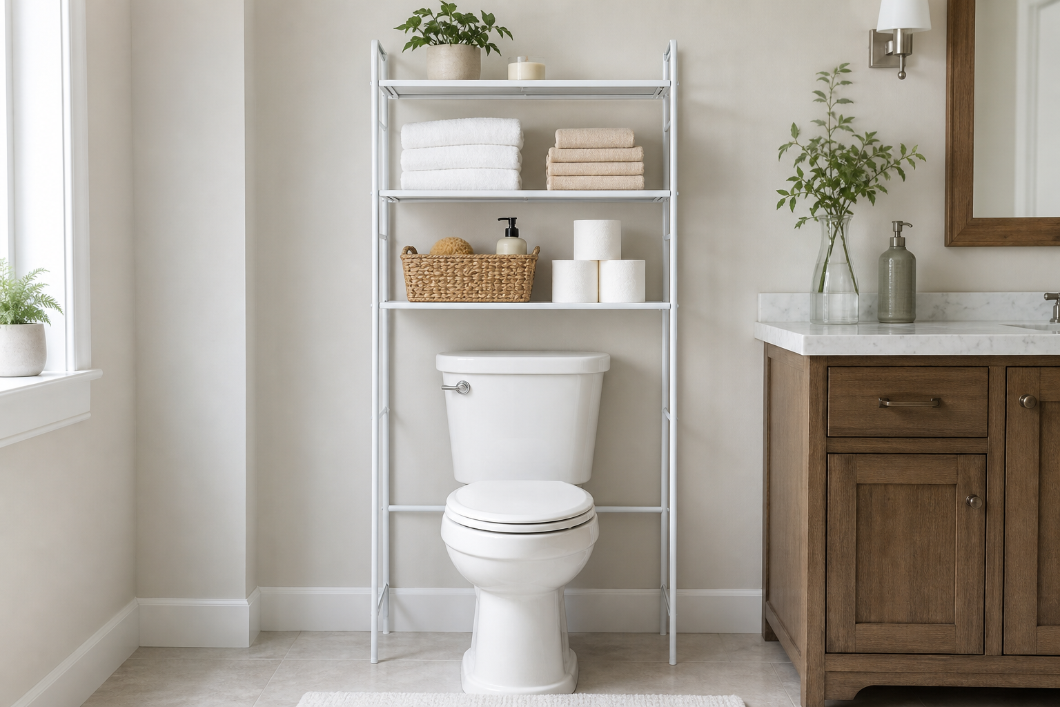 Simple Trending white over the toilet storage rack styled in a bright bathroom