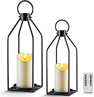 Homemory Modern Farmhouse Lantern Decor with Waterproof Flameless Candle & Remote Timer, 2PCS Black Metal Candle Lantern