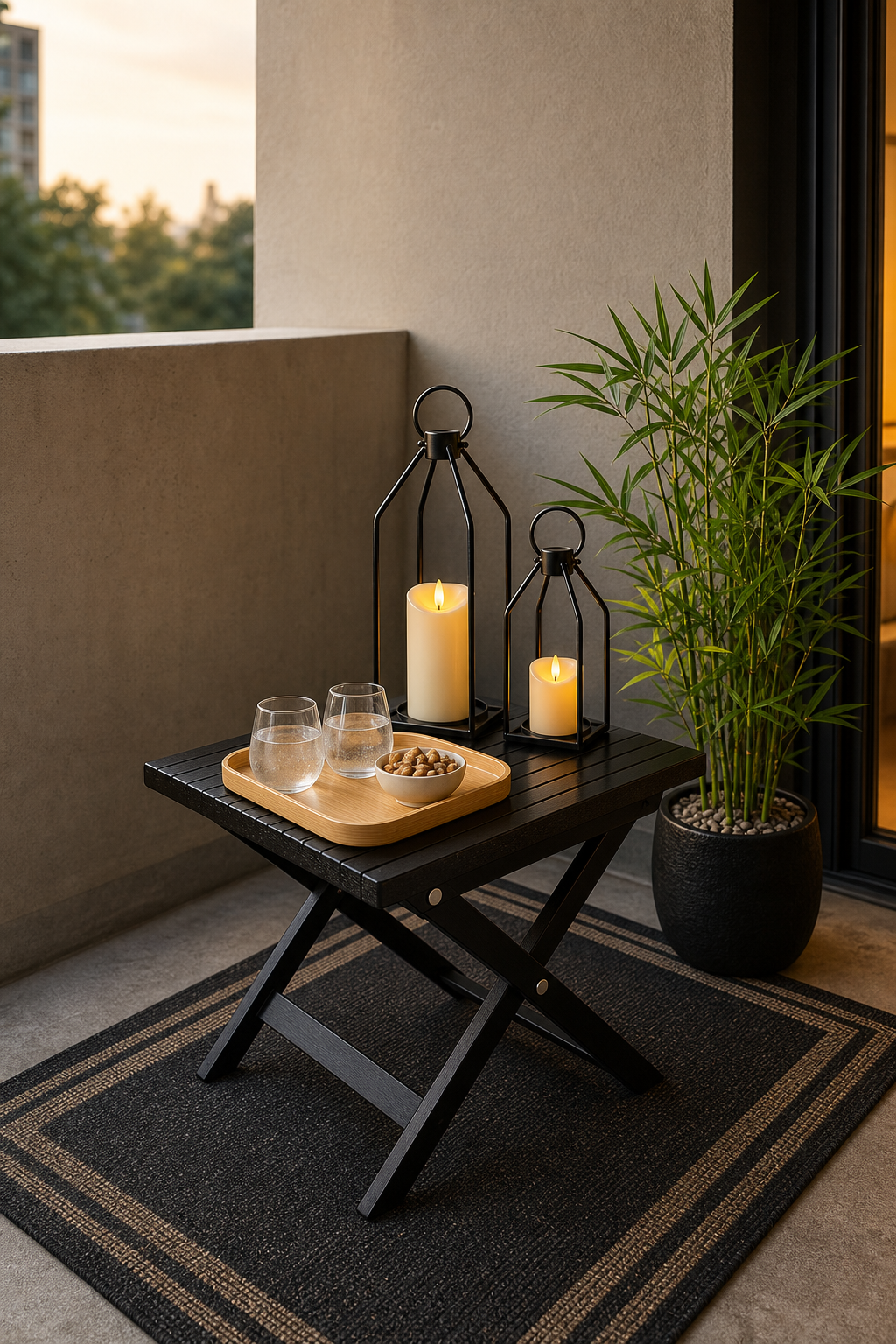 Finished small patio setup with black folding side table, dark border rug, black lanterns, bamboo plant and bamboo serving tray