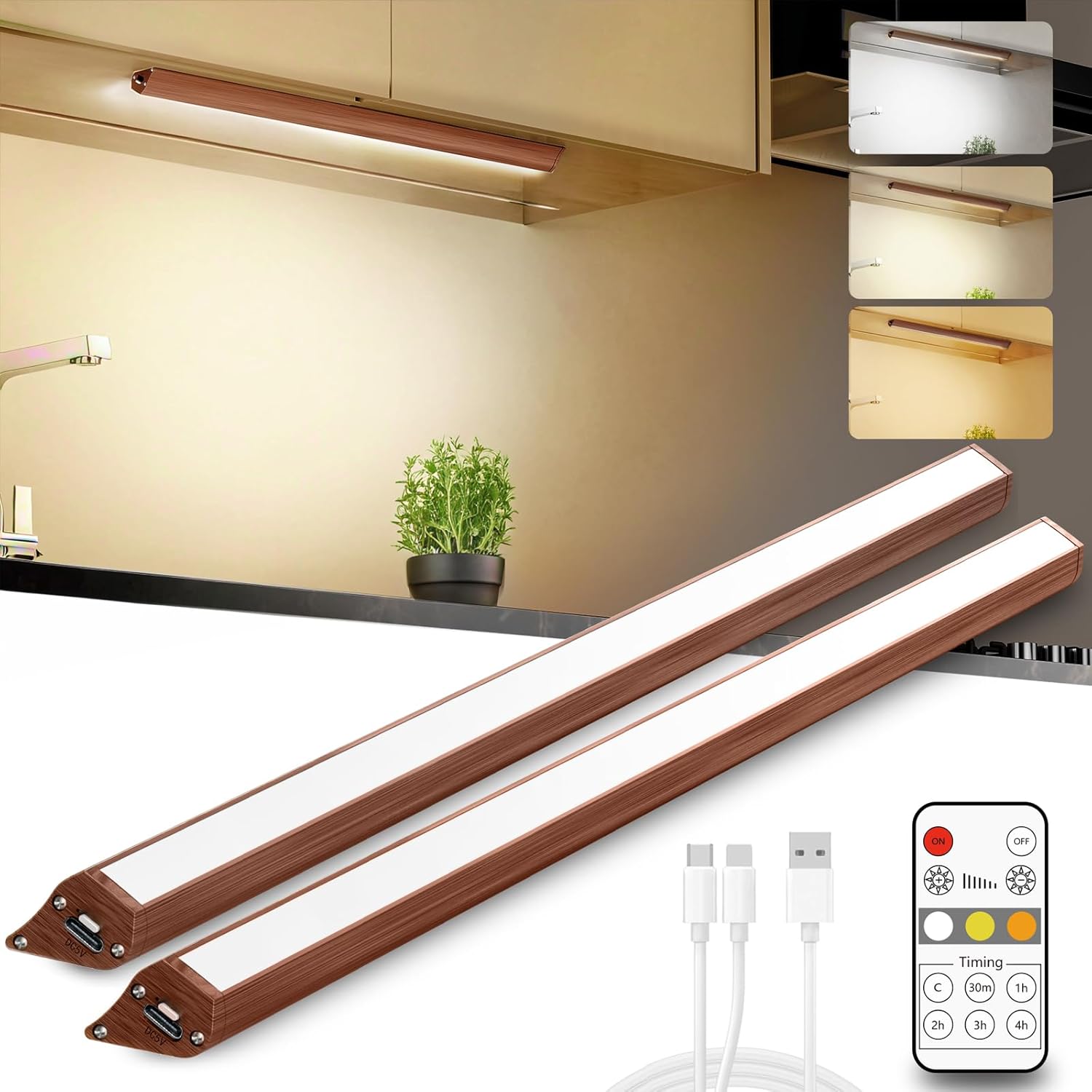 Under cabinet lighting wireless, 2400mAh rechargeable cabinet light, battery operated, magnetic, stick on, 106 LED 3-Color shelf lights, dimmable, with Remote Control(Wood color, 2-Pack 12.2inch)