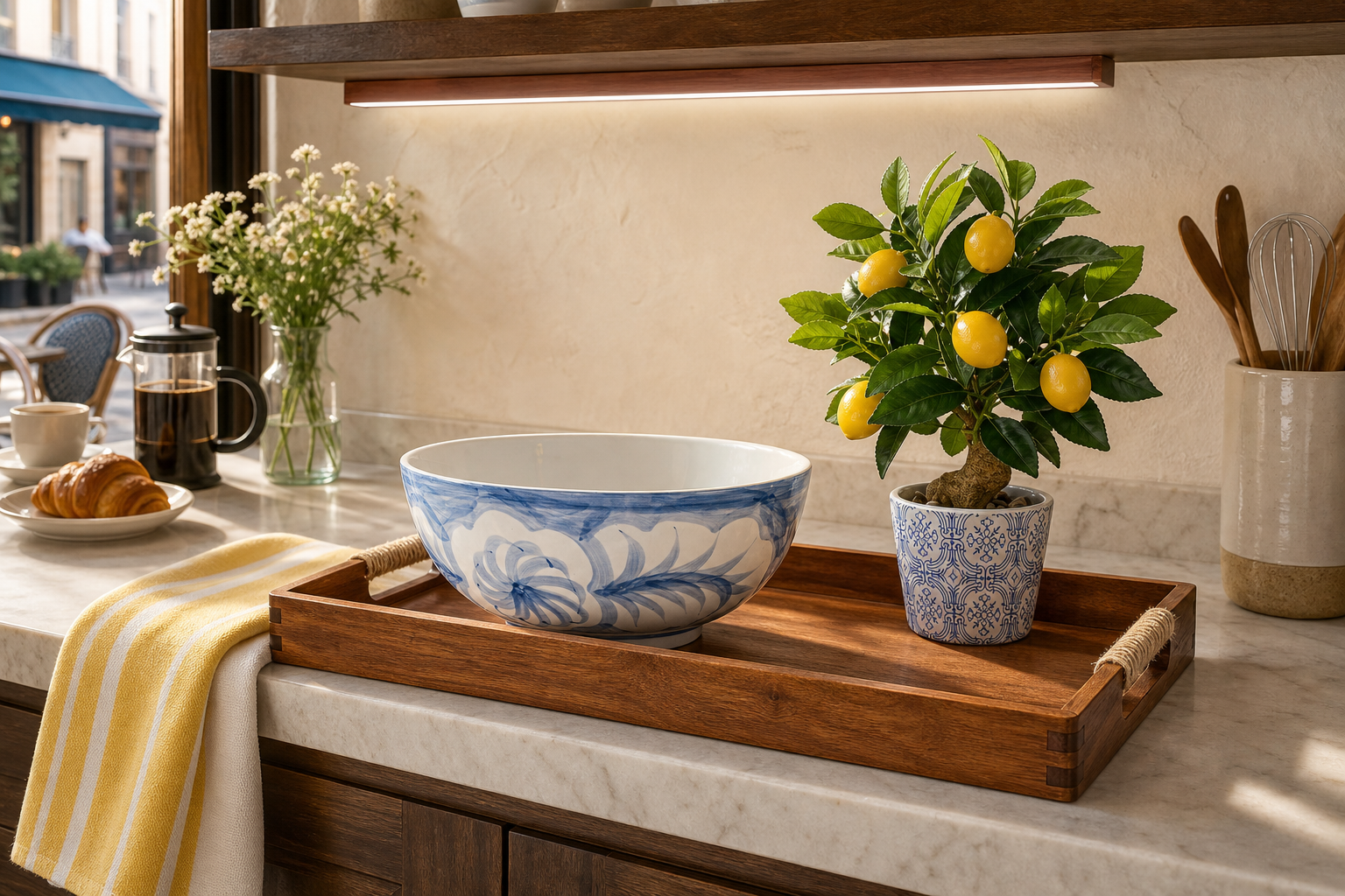 Sunny European café kitchen counter styled with yellow striped towels blue white ceramic bowl acacia tray lemon tree and warm shelf light