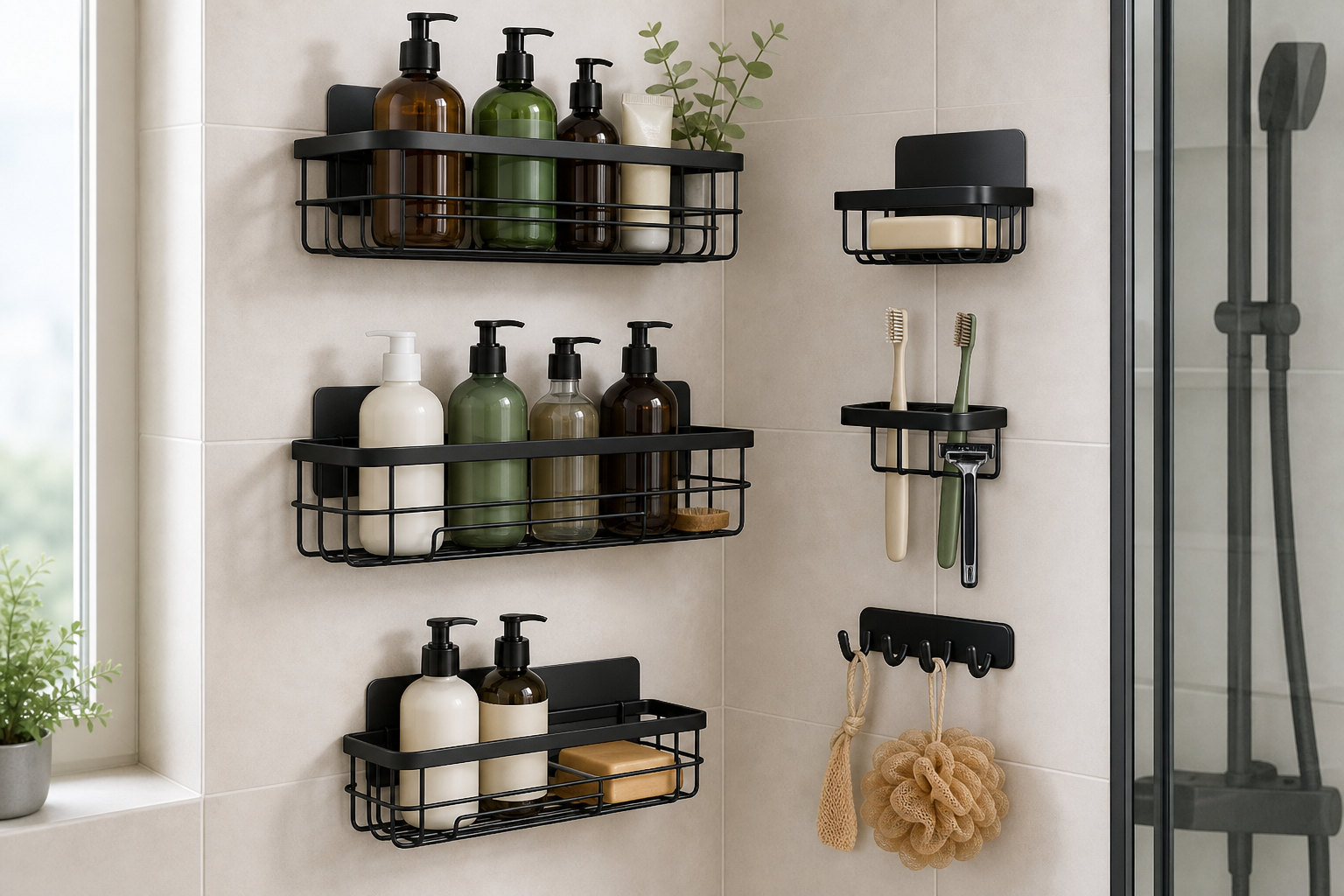 Veken shower caddy 6 pack installed as no-drill black shower shelves in a real bathroom
