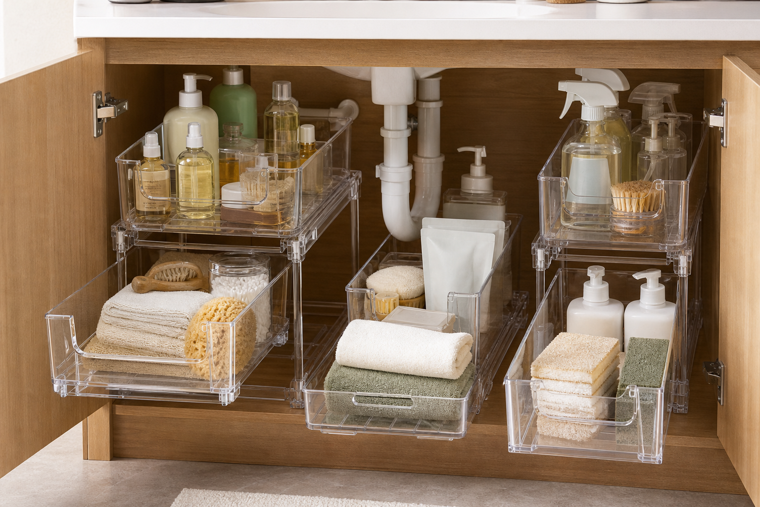 Vtopmart clear two tier under sink organizers arranged inside a bathroom vanity cabinet