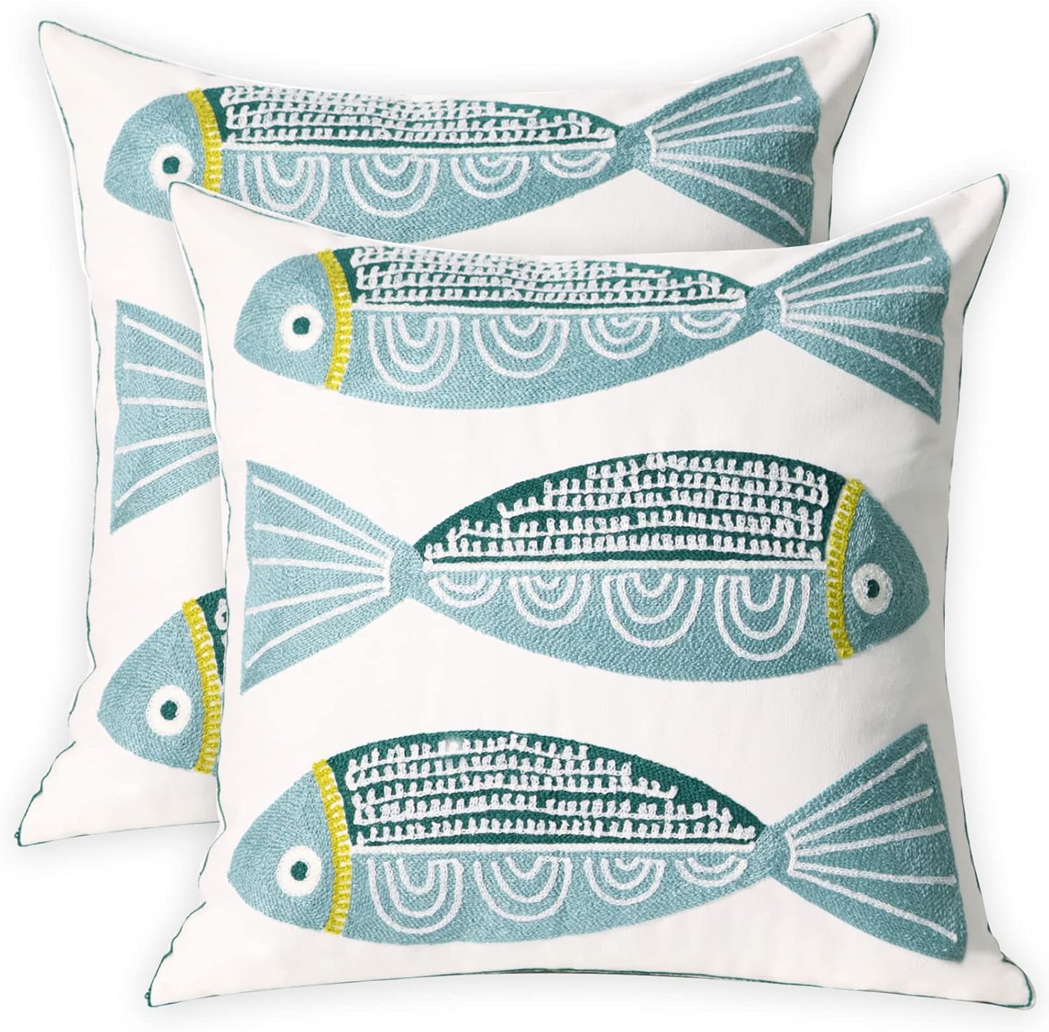Blue fish embroidered pillow covers