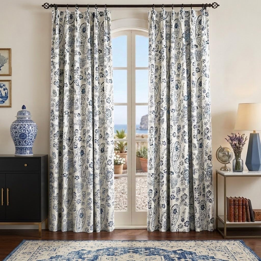 Blue and white toile bedroom curtains