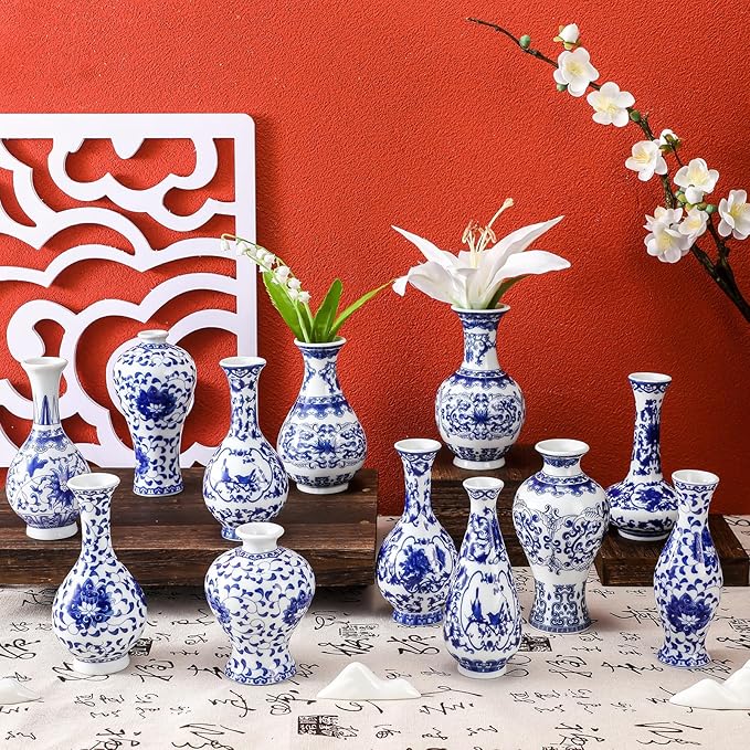 Blue-and-white bud vase centerpiece