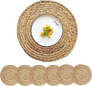 CY SISTERS Woven Placemats Round Set of 6, Natural Water Hyacinth, 13.5 Inch