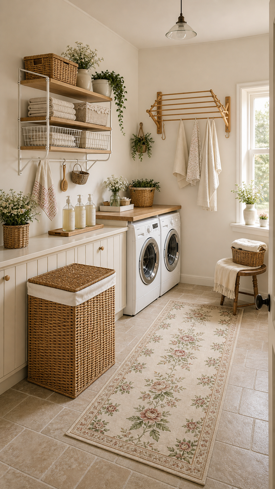 Cottagecore English Cottage laundry utility room setup with wicker hamper, detergent bottles, bamboo drying rack, wall shelving, and floral runner