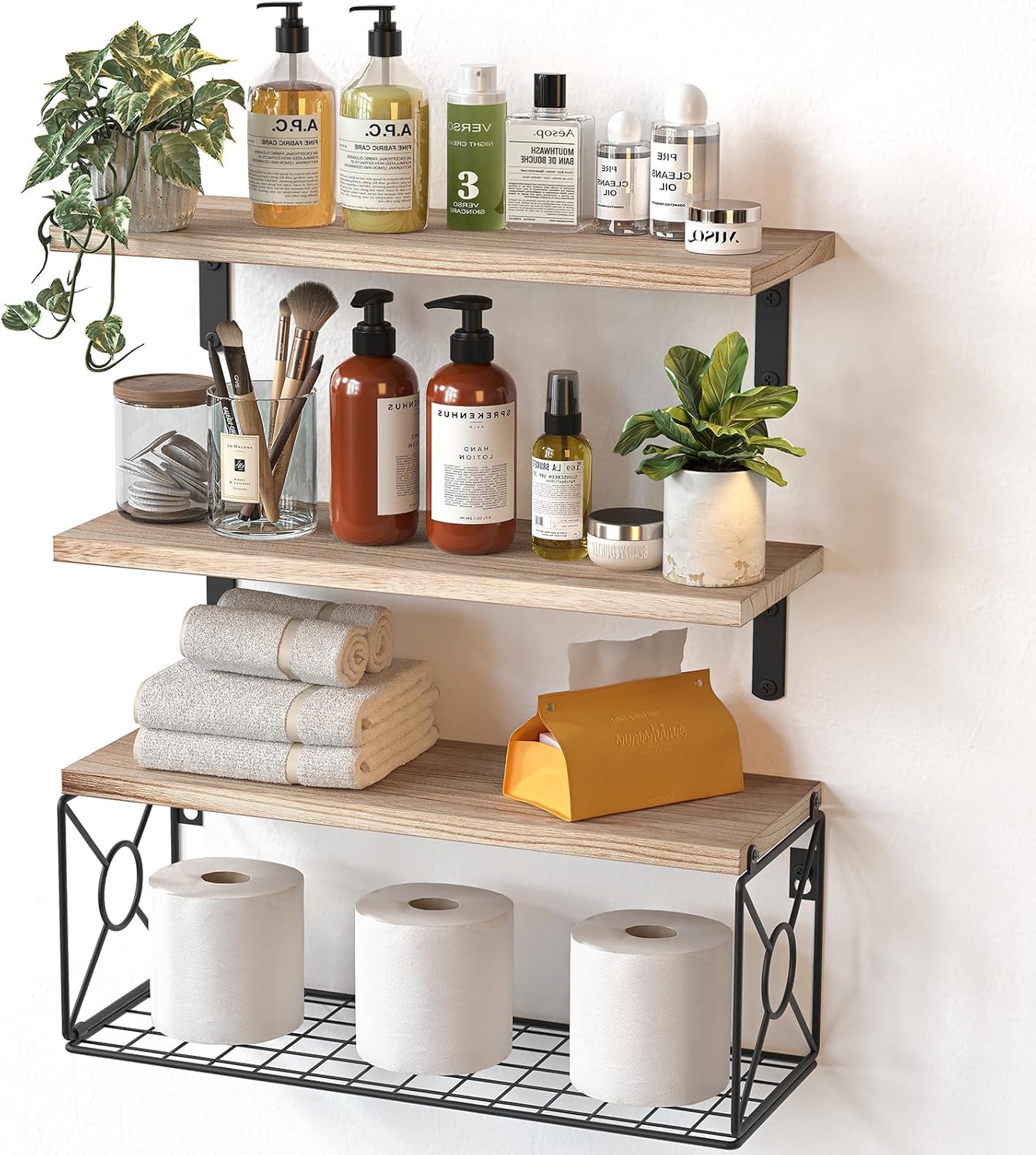 Amada natural wood bathroom shelves with storage basket