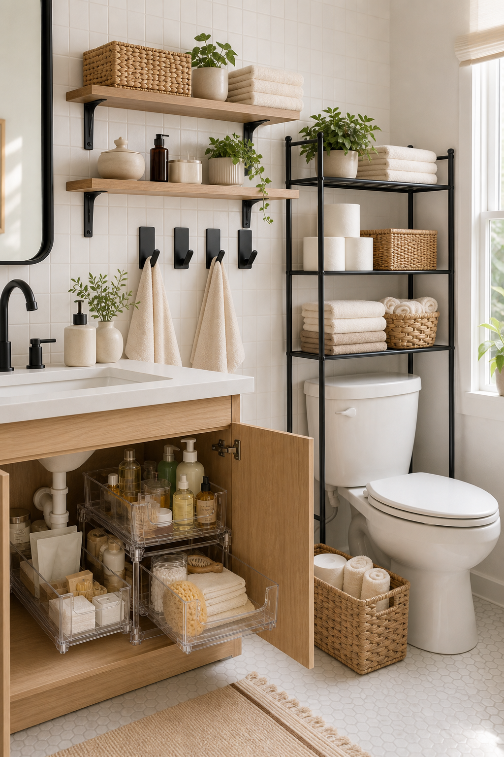 Finished Japandi no-drill bathroom storage setup with shelves, hooks, under-sink organisers, over-toilet rack and woven baskets