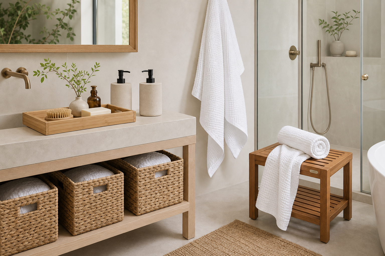 Japandi spa bathroom reset with bamboo tray, waffle towels, beige dispensers, teak bench, and woven baskets