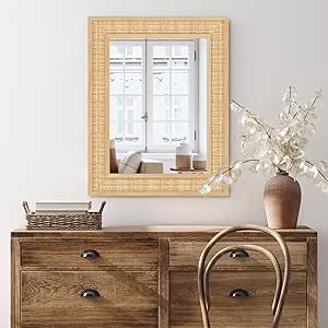 FUWU natural rattan and wood wall mirror