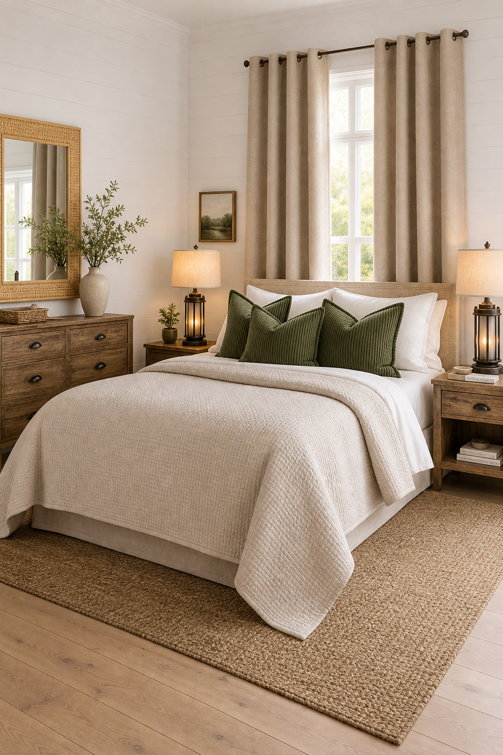 Modern farmhouse bedroom with beige quilt, olive pillows, linen curtains, bronze lamps and rattan wood mirror