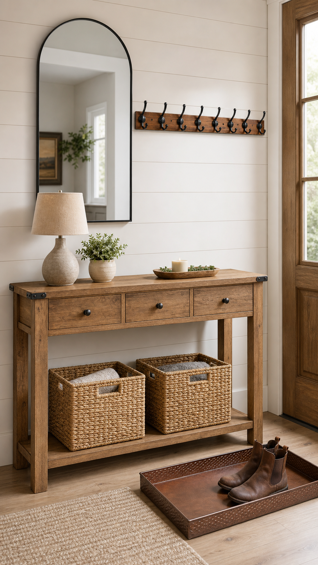 Modern farmhouse entryway with the full drop-zone setup