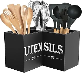 Suli black wooden three compartment utensil holder