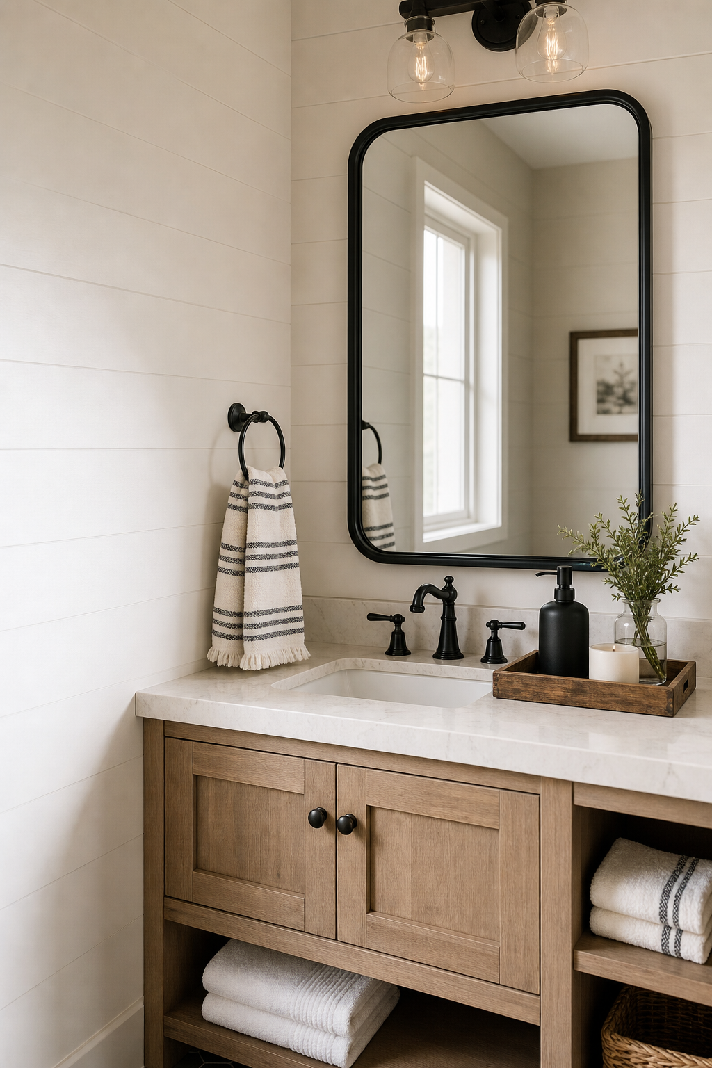 Modern Farmhouse Powder Room Amazon Finds finished room setup