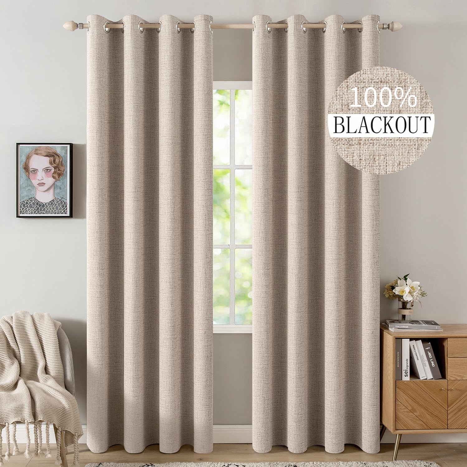 MIULEE natural beige linen textured blackout curtains