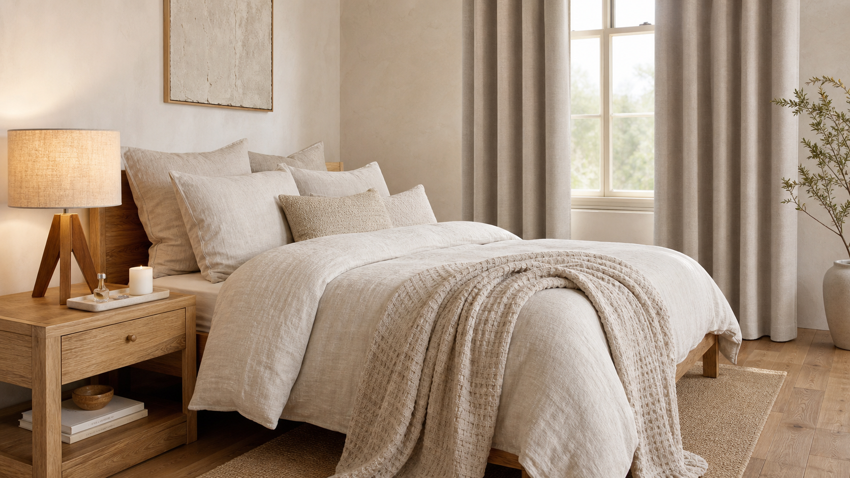 Organic Modern bedroom calm reset with natural linen bedding, beige curtains, wood bedside lamp, travertine-look tray, and cotton waffle throw