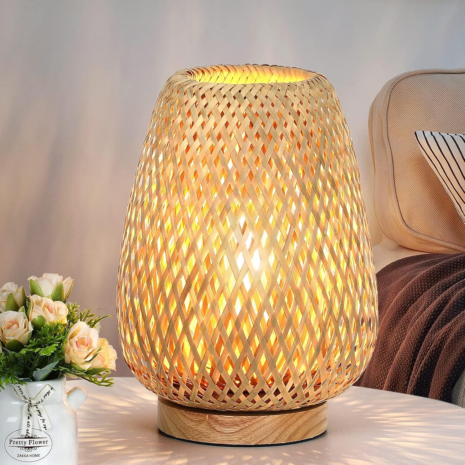 Rattan dimmable woven bedside table lamp