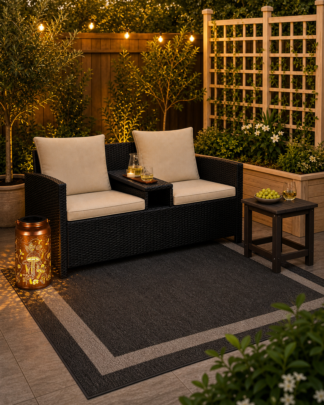 Organic Modern summer patio hosting setup with seating, lanterns, planter, rug, and side table