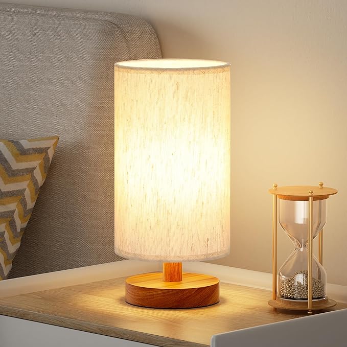 Fenmzee small table lamp with cream shade and walnut wood base
