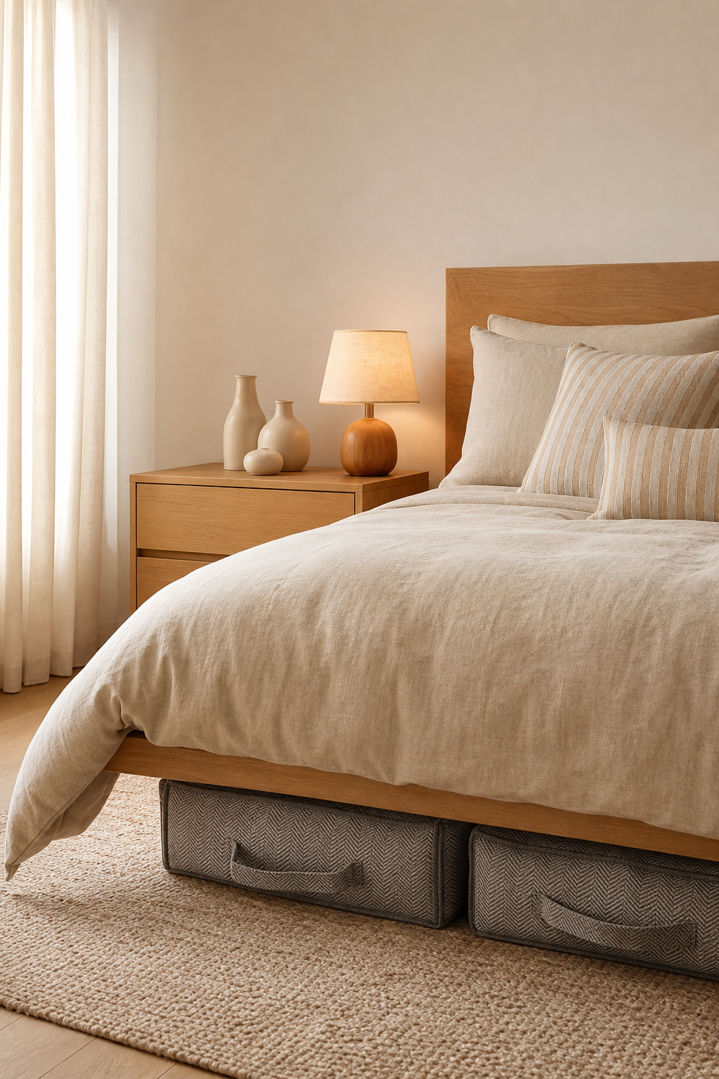 Warm Minimalist bedroom setup with French beige bedding, under-bed storage, warm bedside lamp, beige ceramic vases, and textured neutral pillow covers