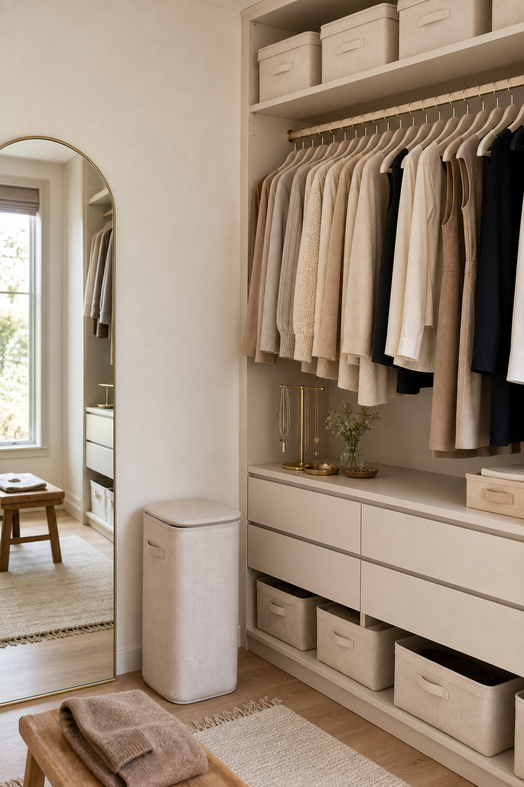 Warm Minimalist Walk-In Closet Amazon Finds finished room setup
